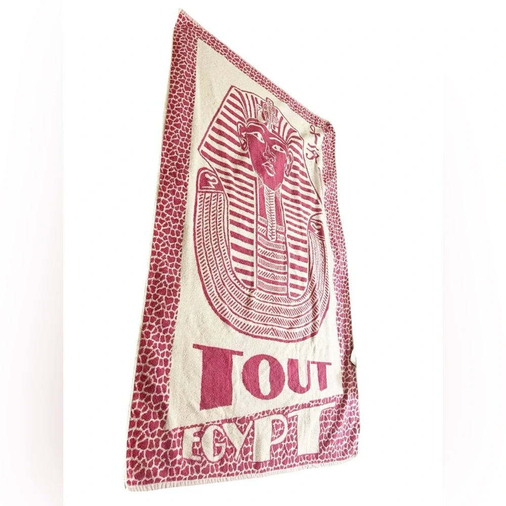 Vintage King Tut Egyptian Beach Towel Pink White Ankh Eye of Ra